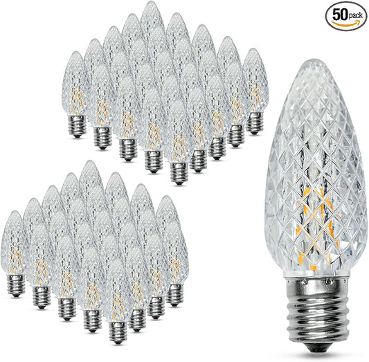 50Pack C9 Christmas LED Light Bulbs, Strawberry Replacement Bulb 2200K Warm White Shatterproof & Waterproof Outdoor String Light Bulbs, E17 Candelabra Base Edison Bulbs for Holiday Decoration