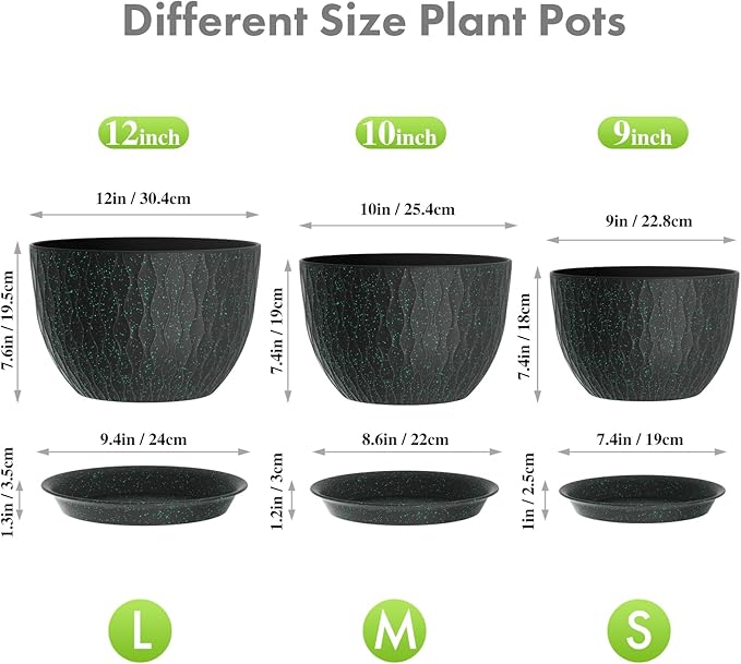 12/10/9 inch Large Plant Pots, 3 Pack Wide Flower Pots for Outdoor Indoor Plants with Ripples, Big Plastic Planters with Drainage Holes and Saucers for Garden Home, Black with Green Speckles