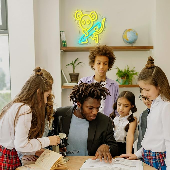 Pencil Mouse Neon Sign Yellow Led Neon Signs Classroom Neon Lights for Wall Decor Dimmable Light Up Sign for Classroom Bookstore Library Bookish Museum Teen Gifts (USB Powered 5V/2A)