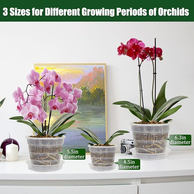 12 Pack Orchid Pot with Saucers, 4 Each of 4.5in, 5.5in and 6.3in Orchid Pots for Repotting, Clear Orchid Pots with Holes, Plastic Flower Plant Pot