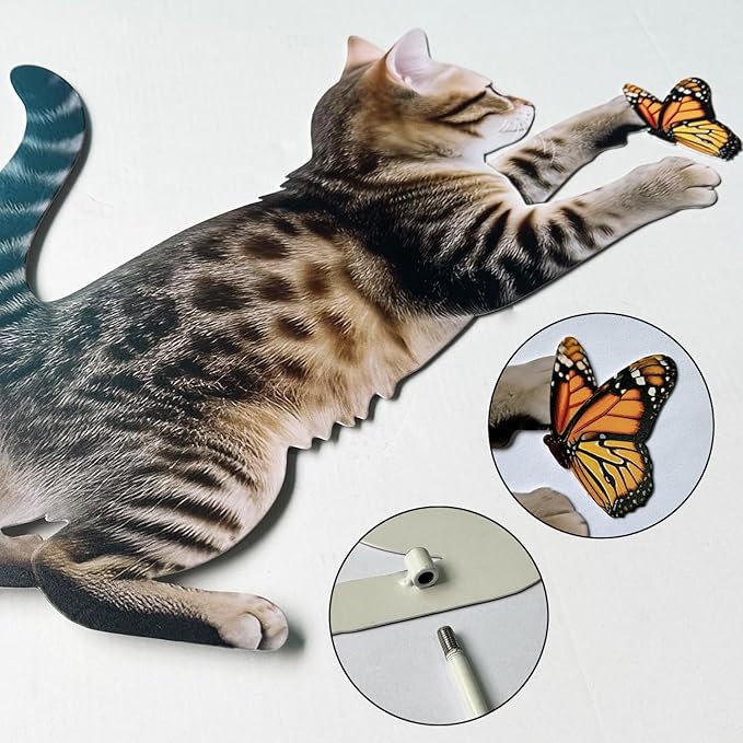 Metal Garden Stakes Decor,Cute Cats Playing with Butterflies Stakes, YGarden Statues Bird Repellent Cat Decorative Garden Stakes for Yard, Garden, Lawn Outdoor Decorations Set of 2