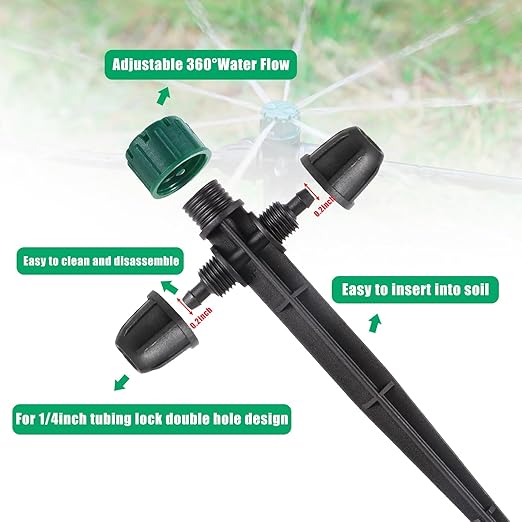 Anti-Drop Drip Irrigation Emitters for 1/4" Irrigation Tubing,Double Hole Design Adjustable 360 Degree Drip Emitters on 6.5" Stake for Garden Irrigation Watering System(25pc-Green drip)