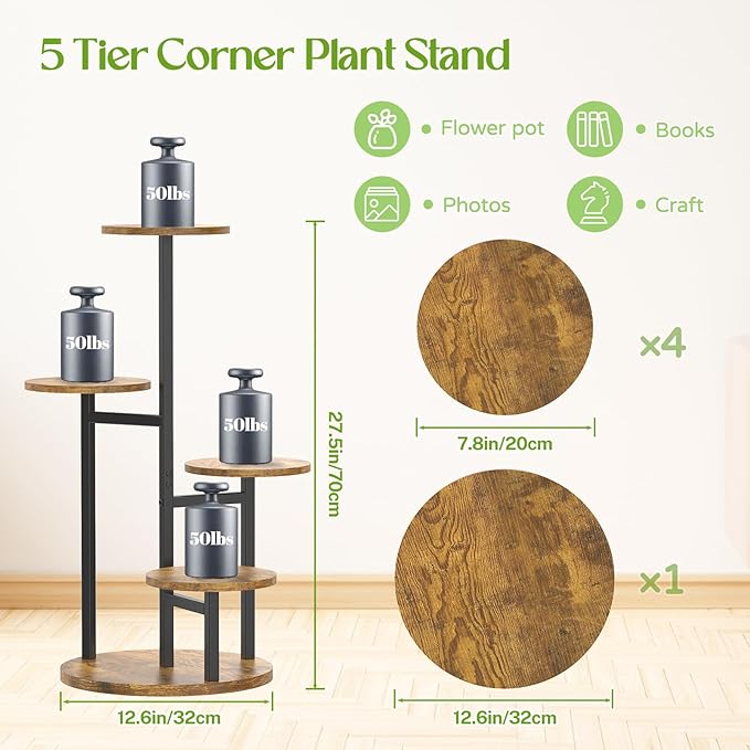 5 Tier Plant Stands Indoor Outdoor, Tiered Metal Wood Corner Plant Shelf for Multiple Plants, Tall Flower Stand Holder Display Rack for Living Room Balcony Garden Patio (Round)