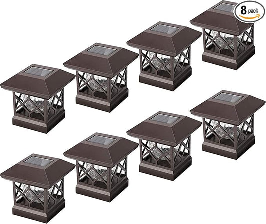 TWINSLUXES Fence Post Cap Light, LED Solar Lights for Deck Posts, Solar Post Caps Light Outdoor for 3.5x3.5/4x4/5x5 Posts, Wood or Vinyl Fence Deck Post, Warm Light (Brown) (8 Pack)