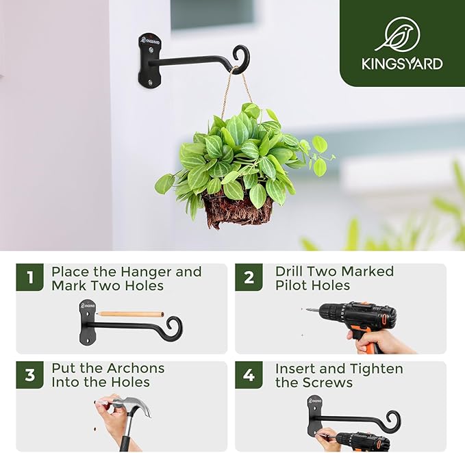 Kingsyard 2 Pack Wall Plant Hanger - Heavy Duty Metal Hanging Bracket Hooks for Hanging Plant Bird Feeders Lanterns Wind Chimes Indoor/Outdoor. Black