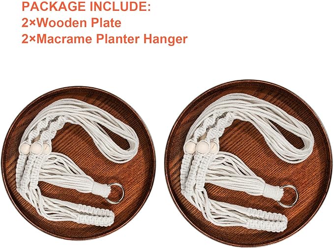 Macrame Plant Hanger - 2 Set Indoor Hanging Planter Shelf - Hanging Planter Rack Decorative Flower Pot Holder - Handmade Cotton Plant Hangers with Wood Tray Boho Home Decor