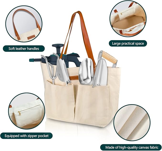 Berry&Bird Garden Tool Bag, Canvas Garden Tote With Pockets, Wear-Resistant Multi-Purpose Tool Storage Bag, Home Organizer Gardening Tool Kit for Indoor and Outdoor Gardening, 21.65" x 7.09" x 13.78"