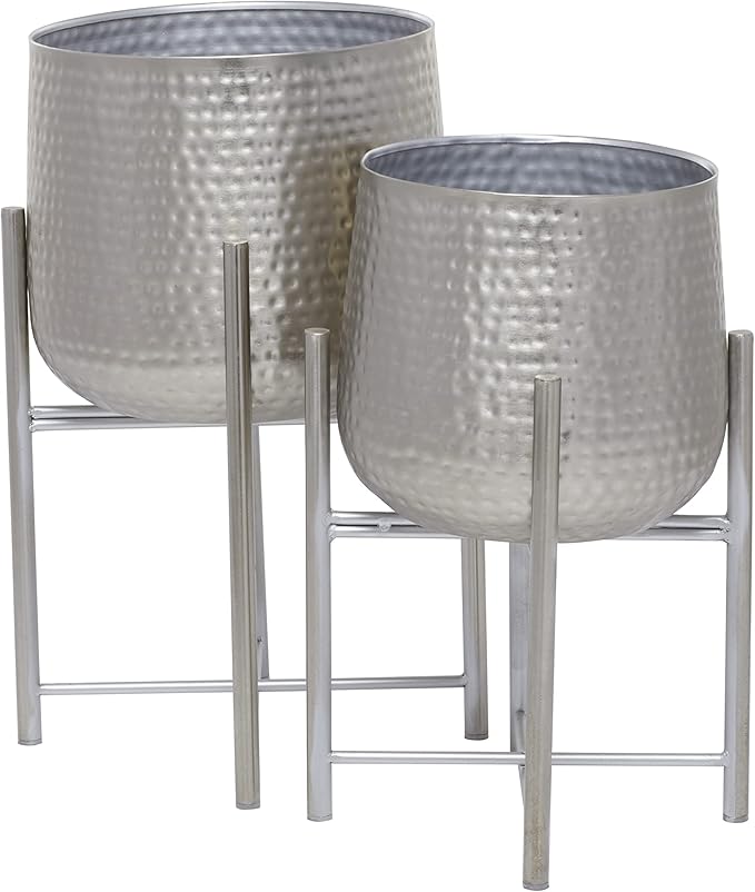 CosmoLiving by Cosmopolitan Metal Indoor Outdoor Planter Hammered Large Planter Pot with X-Shaped Stands, Set of 2 Planters 19", 16"H, Silver
