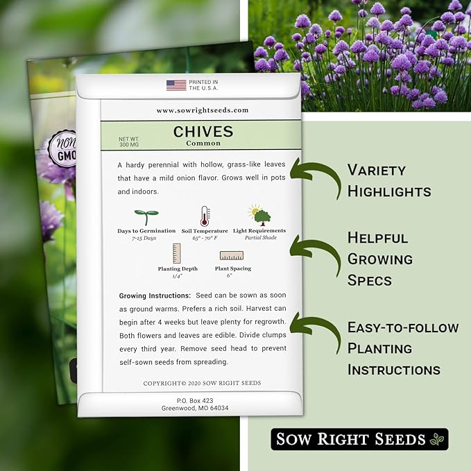 Sow Right Seeds - Common Chives Seed for Planting - Non-GMO Heirloom Packet with Instructions to Plant and Grow Kitchen Herb Garden Indoor or Outdoor - Mild Onion Flavor (1)