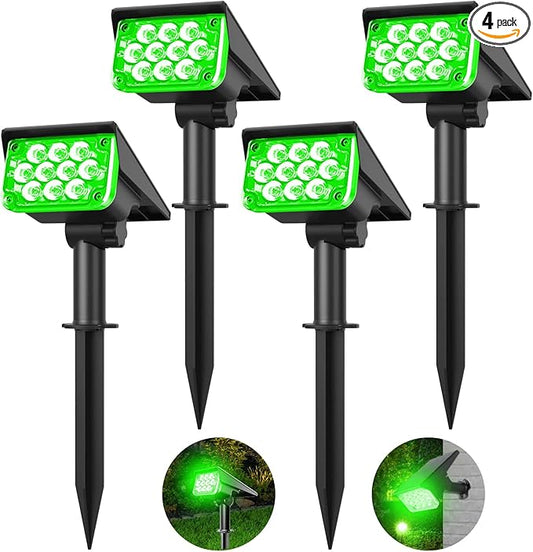 T-SUNUS Green Solar Lights Outdoor Waterproof IP65 Landscape Spotlights 2 Modes Dusk to Dawn for Christmas Halloween Tree Statue Graveyard Garden Flag 4 Pack