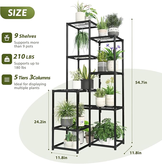 Gnetingbro Corner Plant Stand with Grow Lights Tall Plant Shelf Indoor Outdoor for Multiple Plants Metal Plant Ladder Rack Holder Display Flower Stand for Patio Porch Garden Living Room Black
