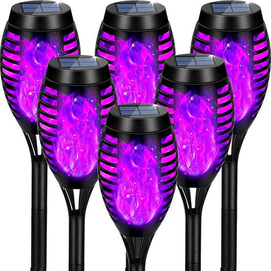 Solar Lights Outdoor Waterproof Purple, Upgraded 6 Pack Solar Tiki Torches with Flickering Flame for Garden Decor, Solar Outdoor Landscape Lights for Porch Yard Pathway Halloween Decorations