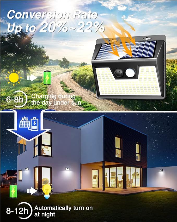 Peasur 140LED Solar Powered Lights Outdoor Waterproof, 3 Packs Motion Sensor Light Ultra-Bright, 3 Modes Fence Security Lighting for Outside Yard Wall Deck Step Garden(Cool White)