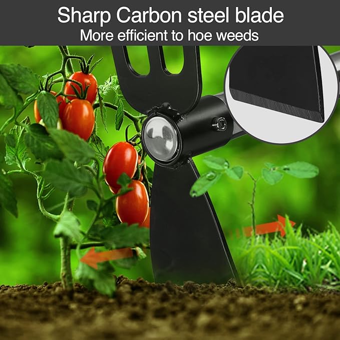 Hoe and Cultivator Gardening Hand Tools, Heavy Duty Stainless Steel Garden Hoe and 3 Fork Hand Tiller for Gardening Weeding Planting with Adjustable Handle 30-45 inch