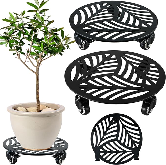 2 Packs Large Metal Plant Caddy with Wheels 13.6" and 12" Heavy-duty Wrought Iron Rolling Plant Stands with PU Metal Casters Indoor Outdoor Round Plant Pot Roller Base Planter Movers, Glossy Black