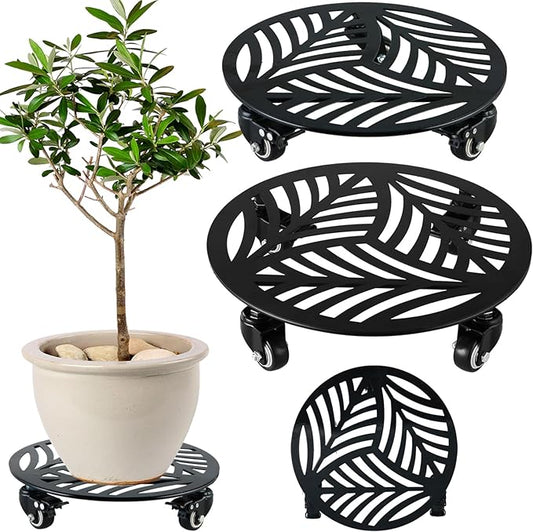 2 Packs Large Metal Plant Caddy with Wheels 13.6" and 12" Heavy-duty Wrought Iron Rolling Plant Stands with PU Metal Casters Indoor Outdoor Round Plant Pot Roller Base Planter Movers, Glossy Black