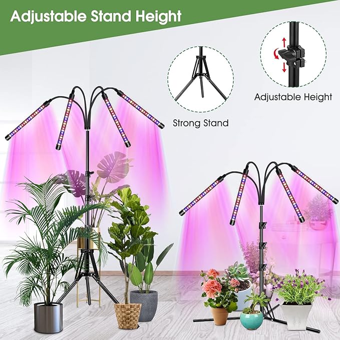Wolezek Plant Light for Indoor Plants, 4-Head 80 LED Full Spectrum Grow Lights for Seed Starting with 15-61 inches Adjustable Tripod Stand, Red Blue Warm White Floor Grow Lamp with Auto 6/12/16H Timer