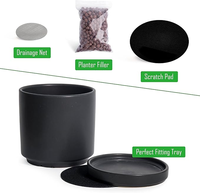D'vine Dev Set of 2 Plants Pots, 10 Inch Ceramic Planter Pot for Plants with Drainage Hole and Saucer, Black, 94-V-E-2