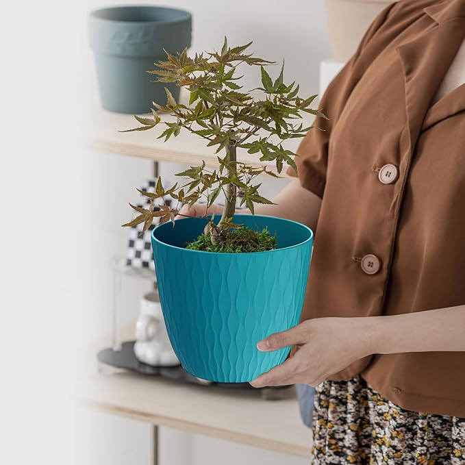 6 inch Plant pots, 12 Pack Modern Plastic Planters with Drainage Holes and Saucers for Repotting Indoor Plants and Flowers, Blue