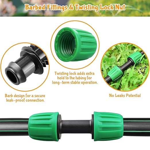 Drip Irrigation Fittings for 1/2 Inch Drip Tubing (1/2" ID x 0.65" OD)：1/2'' Drip Line Couplings Anti-drop Locked Nut Barbed Straight Coupling Connectors for Garden Irrigation System (12 Pack)