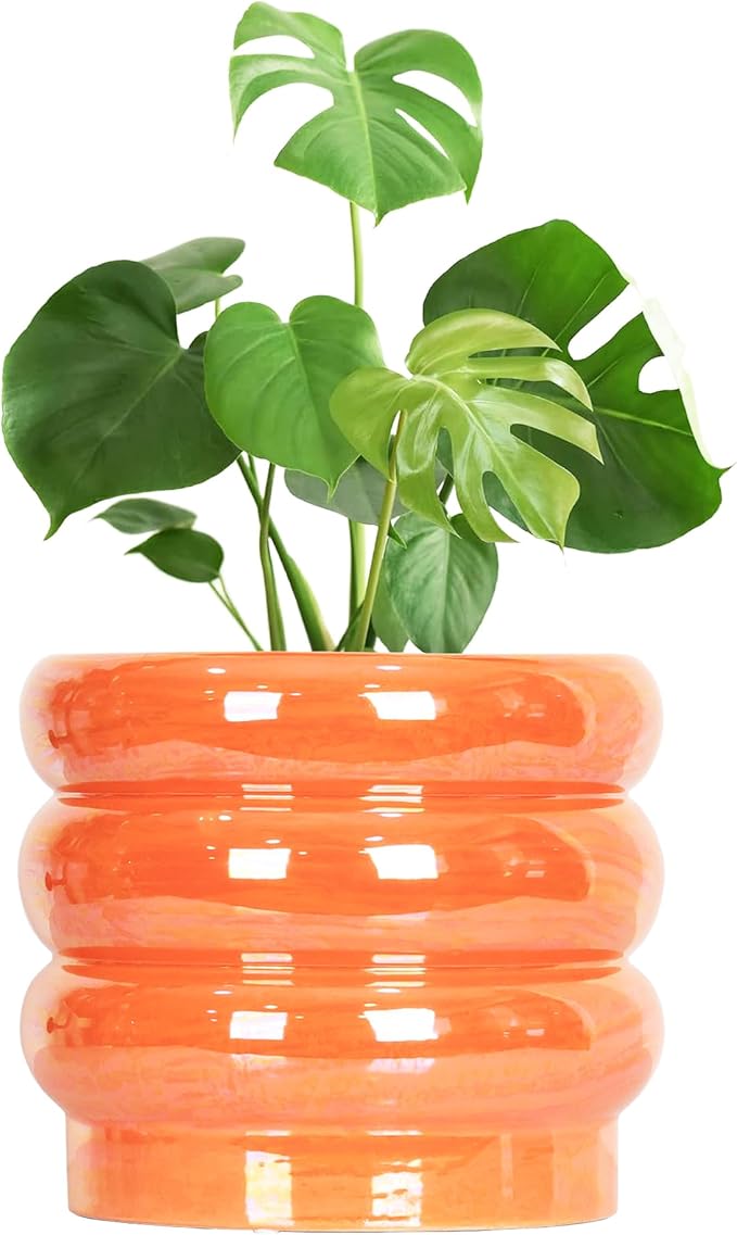 10 inch Ceramic Plant Pots for Indoor Plants, Rainbow Pearl Glaze Planter with Planters for Plants with Drainage Hole, Orchid Pots, Succulent Pot,Large Flower Pot (Orange)