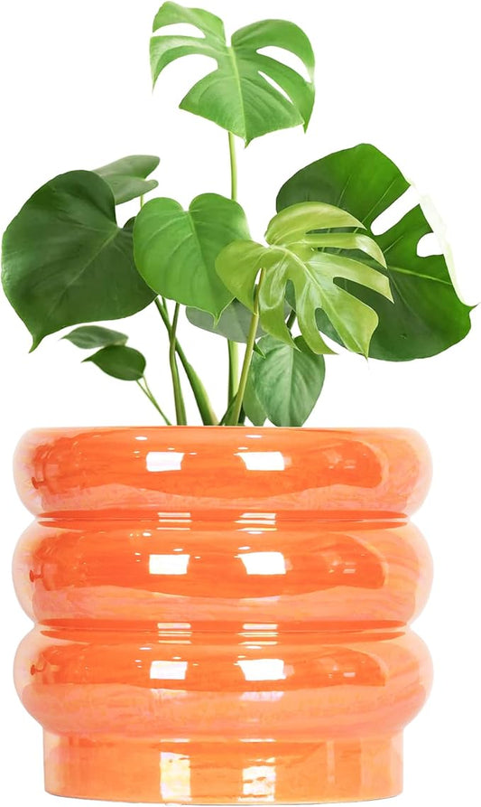 10 inch Ceramic Plant Pots for Indoor Plants, Rainbow Pearl Glaze Planter with Planters for Plants with Drainage Hole, Orchid Pots, Succulent Pot,Large Flower Pot (Orange)