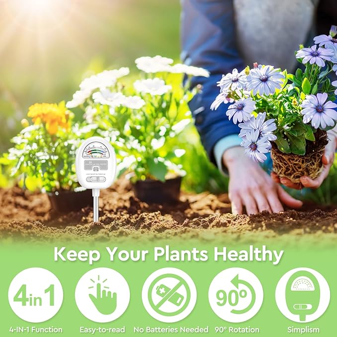 [Upgraded] Soil Moisture Meter, 4-in-1 Soil pH Tester, Moisture/Light/Nutrients/pH Meter for Gardening, Lawn, Farming, Indoor & Outdoor Plants Use, No Batteries Required, Gifts for Plants Lover