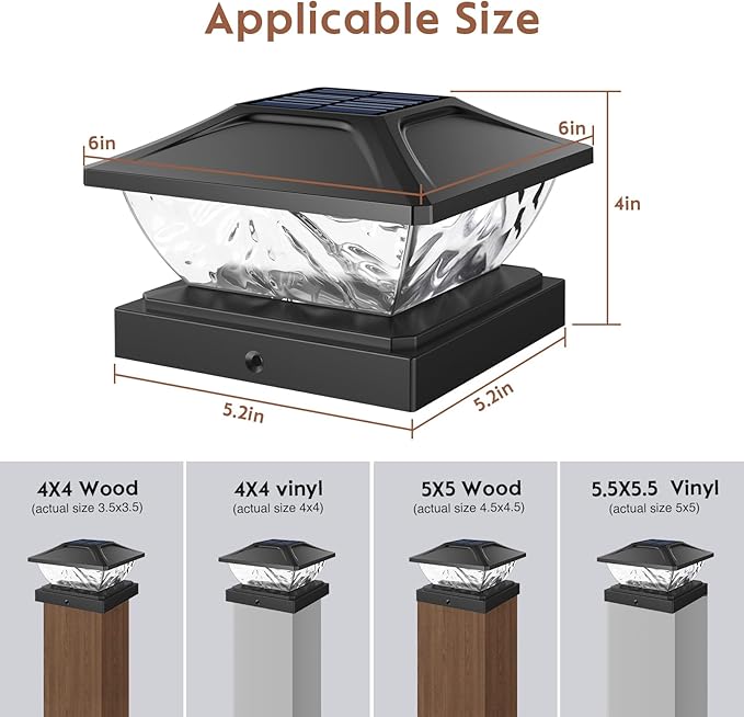 Solar Post Cap Lights Outdoor: 6 Pack 48 LED Fence Post Solar Lights - Solar Powered 2 Lighting Modes 4x4 Post Solar Lights for Deck Porch Patio Garden Decor - Fit 3.5x3.5 5x5 Vinyl Wooden Lamp Post