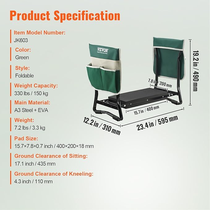 VEVOR Folding Garden Kneeler and Seat Heavy Duty, Widened 8" EVA Foam Pad, Portable Garden Stool with Tool Bags, Gardening Bench to Relieve Knee & Back Pain, Great Gifts for Seniors, Women, Parents