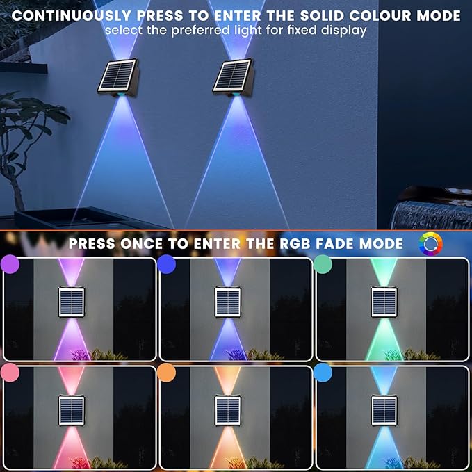 Solar Powered Outdoor LED Lights, Waterproof Wall Sconces, 2 LEDs Fence Lights, Up & Down Lighting for Backyard, Deck, Patio, Porch, Balcony, Garden (2 Pack)