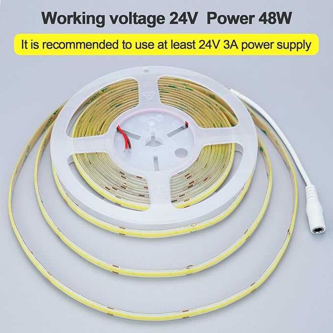 24V COB LED Strip Light Natural White 4000K 5M/16.4ft 2400LEDs Waterproof IP65 Uniform Glow CRI 93+ Flexible LED Tape Lights for DIY Cabinet Bedroom Kitchen Home Decor(No Power Supply)