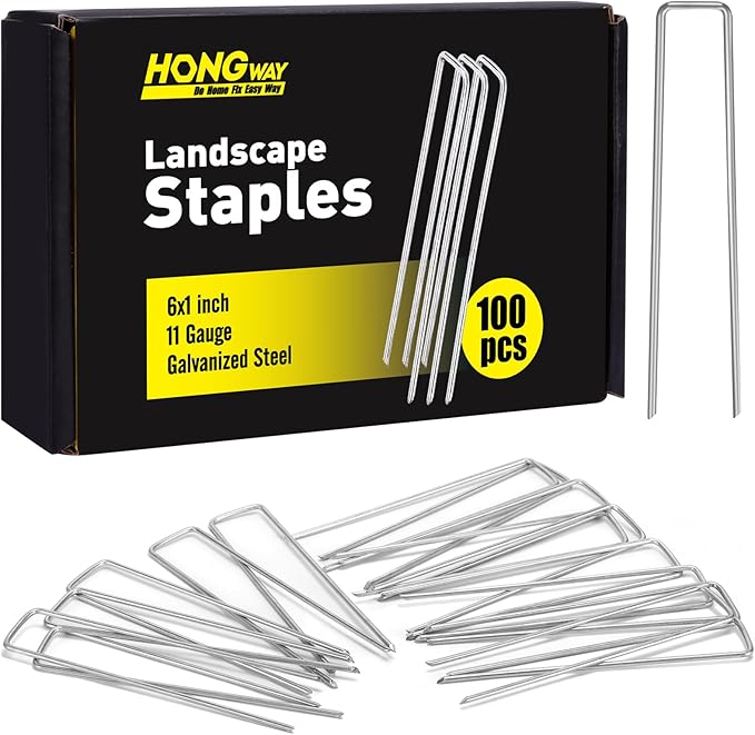 HongWay 100 Pack 6 Inch Landscape Staples Garden Stakes, Garden Staples 11 Gauge Galvanized U-Shaped Pins, Ground Fence Stakes Yard Lawn Staples for Securing Landscaping Fabric Irrigation Tubing