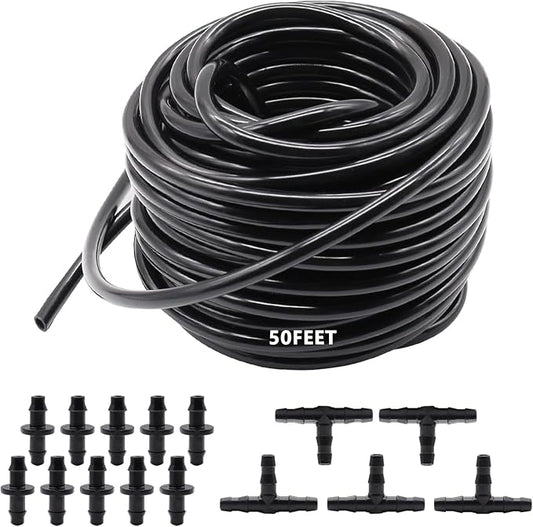 50FT 1/4" Blank Distribution Tubing Drip Irrigation Tubing Drip Irrigation Hose, Garden Watering Tube Line with 15PCS Drip Irrigation Barbed Connectors for Garden Irrigation System