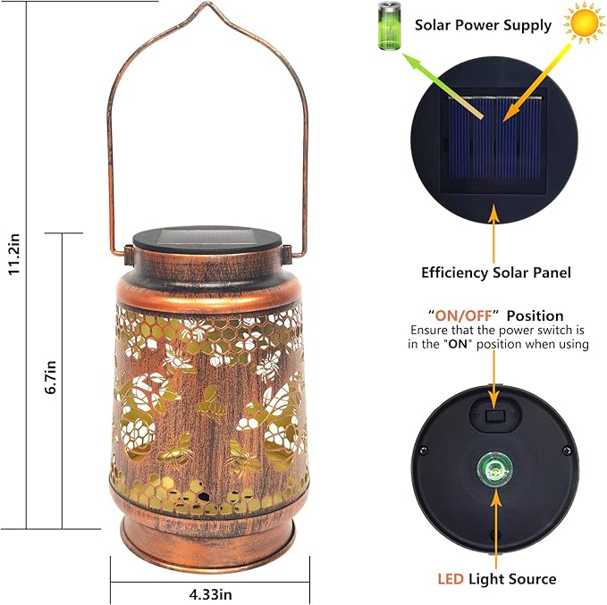 Solar Lanterns Outdoor Hanging Honeybee Decor Lantern,Waterproof Hollow Out Retro Metal Decorative Garden Light,Graceful Decoration for Patio,Yard,Landscape,Walkway,Festival