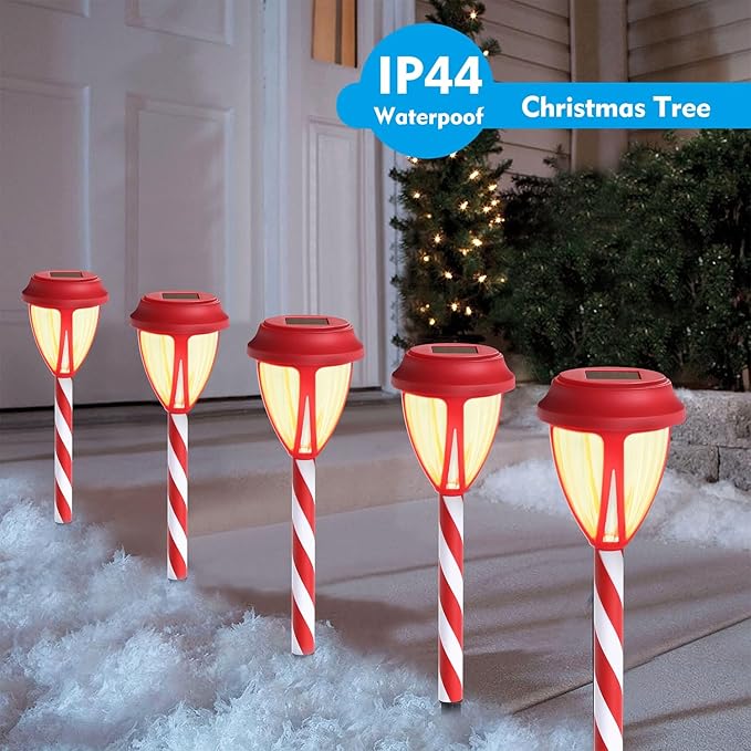 Dynaming 10Pack Solar Christmas Garden Lights, Outdoor Solar Powered Solar Candy Cane Pathway Markers, Waterproof & Auto On/Off Xmas Decorative Lights for Patio Yard Walkway Driveway Decor, Warm White