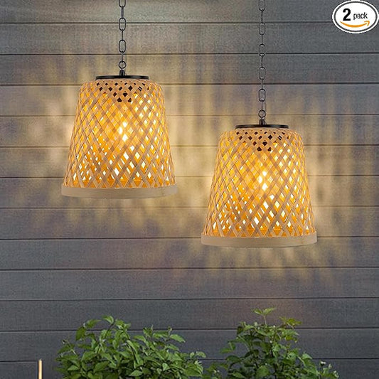 2-Pack Bamboo Woven Outdoor Chandelier Small Hanging Rattan Solar Pendant Lights Modern Retro Boho Pendant for Gazebo Yard Porch Patio Garden Backyard Decor