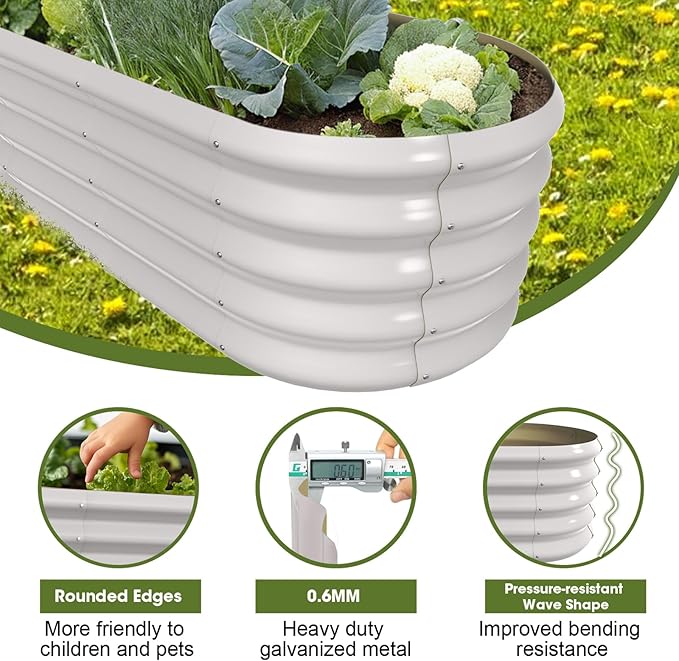 4x2ft Oval Galvanized Raised Garden Bed Kits 16" Tall Outdoor Large Metal Modular Planter Box 9-in-1 Raised Beds for Gardening,Vegetables,Fruits,Flowers & Herbs (White)