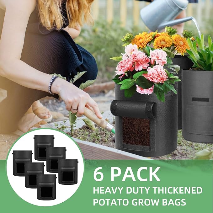 6 Pack 10 Gallon Potato Grow Bags, Heavy Duty Nonwoven Fabric Garden Planting Bag Plant Container with Flap and Handles, Aeration Fabric Pots for Growing Vegetable, Fruits and Flowers
