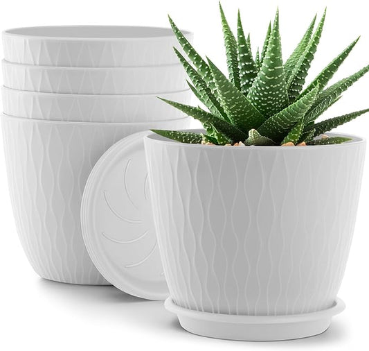 Plant Pots – 6 Inch Planters with Drainage Holes and Saucers, Flower Pots for Indoor and Outdoor Plants, Nursery Planting Pots (Pack of 5, White)