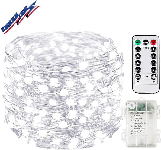 33FT 100LED Fairy Lights Battery Operated with Remote, Waterproof String Lights with Timer for Indoor & Outdoor, Twinkle Light Battery Powered Bedroom Wedding Christmas Decorations (Cool White)
