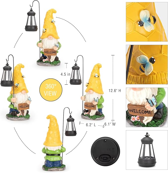 12.6'' Solar Large Garden Gnomes Outdoor Statues with Lantern, Welcome Gnome Garden Outdoor Decor Gift Waterproof Decoration for Patio, Balcony, Yard Ornament - Unique Housewarming Gifts