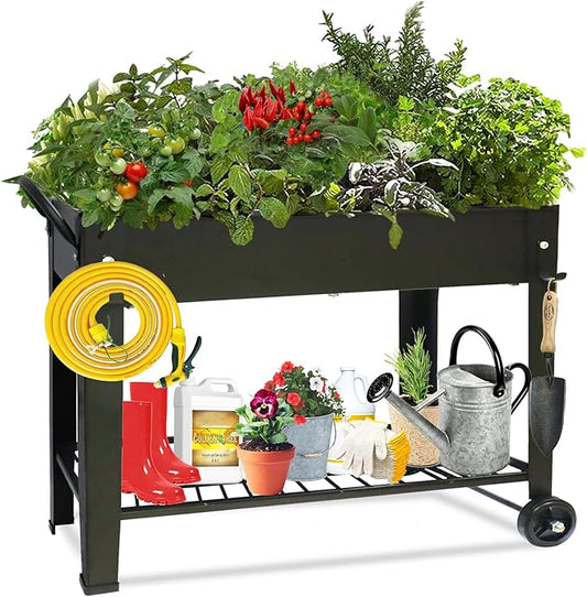aboxoo Large Planter Raised Beds with Legs Outdoor Metal Planter Box on Wheels Elevated Garden Bed for Vegetables Flower Herb Patio (40" L x 11" W x 31.5" H)