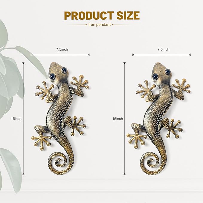 LIFFY Gecko Metal Wall Art Decor 2 Pack 15 Inch - Indoor & Outdoor Lizard Wall Art Hanging Sculpture for Home and Garden