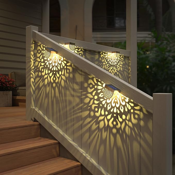 Solar Fence Lights 6 Pack Solar Deck Lights Outdoor Waterproof LED Solar Powered Step Lights Wall Lights Outdoor Decorations Warm Yellow Light Decorative Lighting for, Front Door, Backyard (Gold)