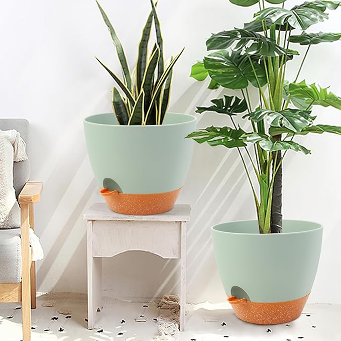 GARDIFE 12 inch planters, Plant Pots,Self Watering Pots, 2 Pack Large Plastic Flower pots with Deep Reservior and High Drainage Holes for Indoor Outdoor Plants and Flowers, Green
