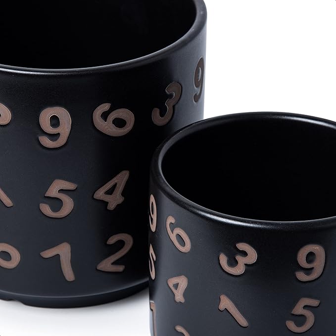 D'vine Dev Set of 2 Ceramic Planter Pots with Drainage Hole and Saucer, 4.5 Inch 6 Inch Plant Pots for Plants Indoor Houseplants, Black, 99-B-2