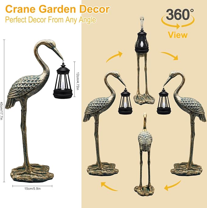 Solar Garden Statue Crane Figurine, Outdoor Hanging Solar Lanterns, Blue Heron Sculpture Statue for Patio, Yard, Lawn, Porch, Garden Decor for Outside Gifts for Christmas Mom, Women, Mother's Day