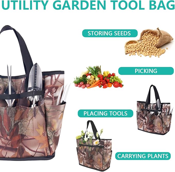 Outdoor Garden Tool Set, 7 Pcs Floral Gardening Set for Women Leaf Camouflage Gardening Kit with Garden Tool Bag, Trowel, Weeder Fork, Hand Rake, Pruning Shears, Cultivator, Transplanter