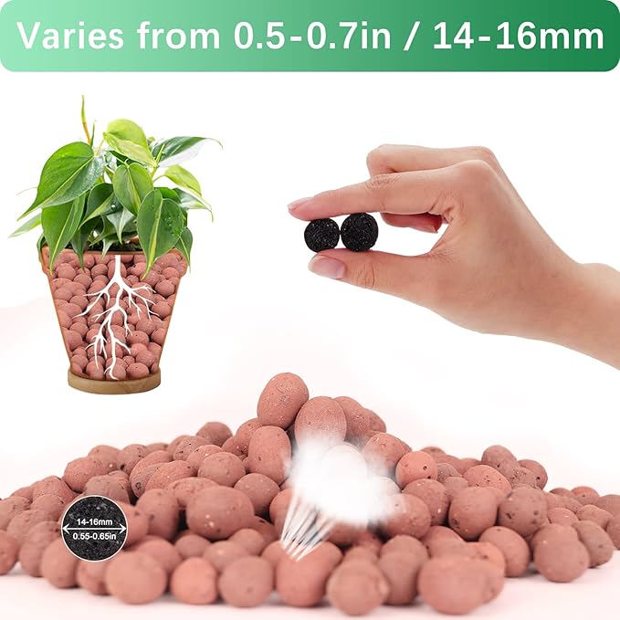 11LB LECA Explanded Clay Pebbles, 14-16mm Lightweight Clay Aggregate for Hydroponic Growing, Premium Grow Media for Orchids, Aquaponics Plants and Horticultural Drainage, Natural