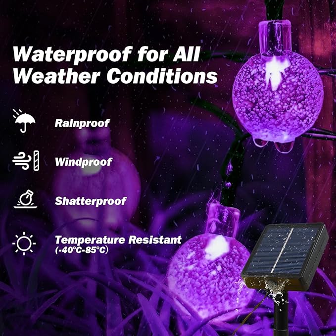 Solar Lights Outdoor Waterproof, 2 Pack Total 200LED 110FT Solar String Lights for Outside w/ 8 Modes, Outdoor String Lights Crystal Globe Patio Lights for Garden Yard Party Decor(Purple)